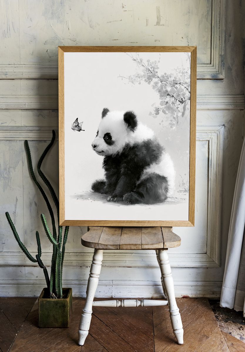 Panda Cub and Butterfly Ink Print. room preview