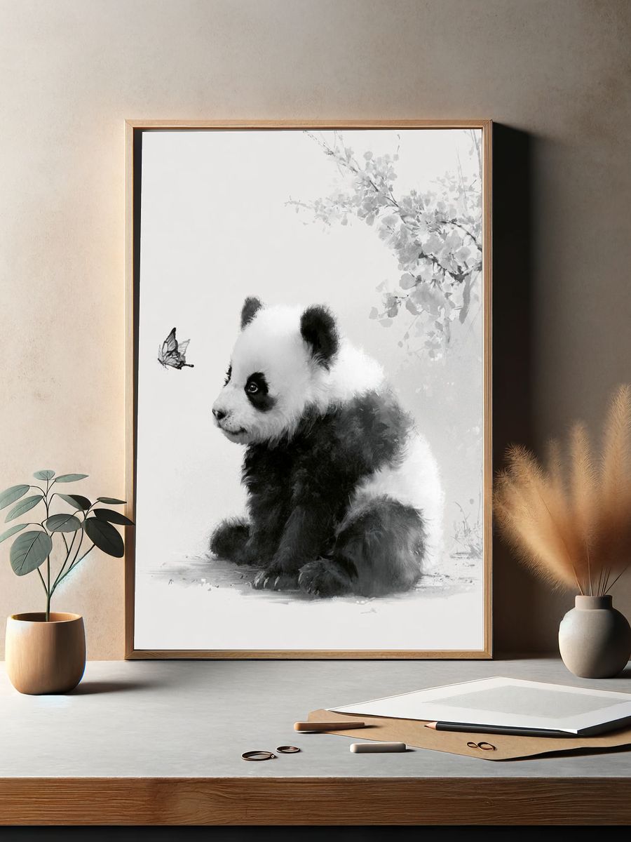 Panda Cub and Butterfly Ink Print. — room view 2