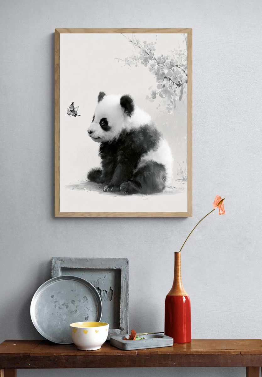 Panda Cub and Butterfly Ink Print. — room view 3