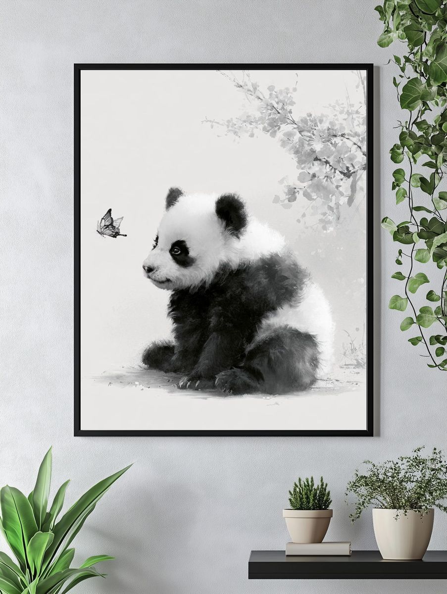 Panda Cub and Butterfly Ink Print. — room view 4