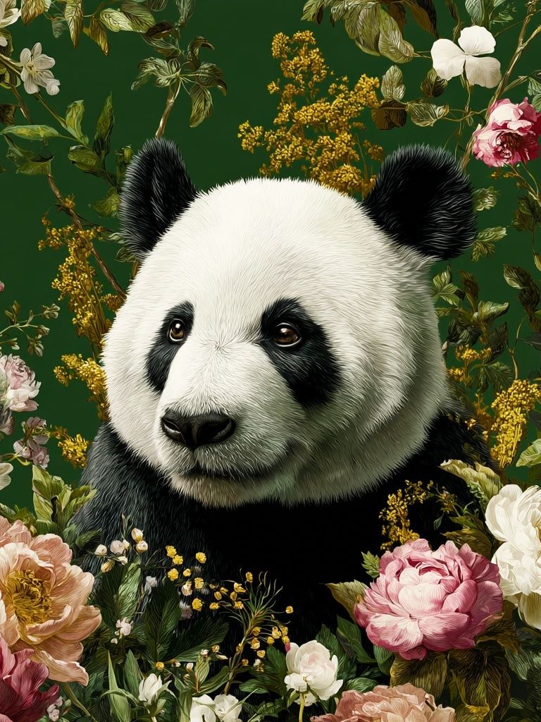 Panda Floral Garden Illustration Poster. poster — animals art