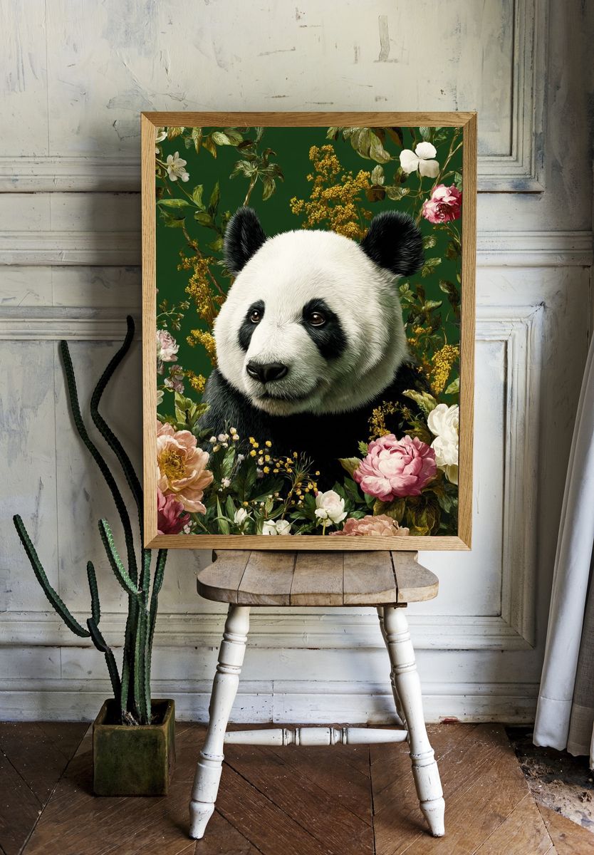 Panda Floral Garden Illustration Poster. room preview