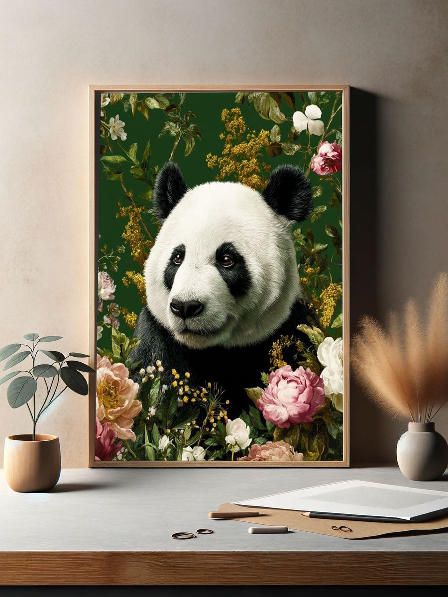 Panda Floral Garden Illustration Poster. — room view 2