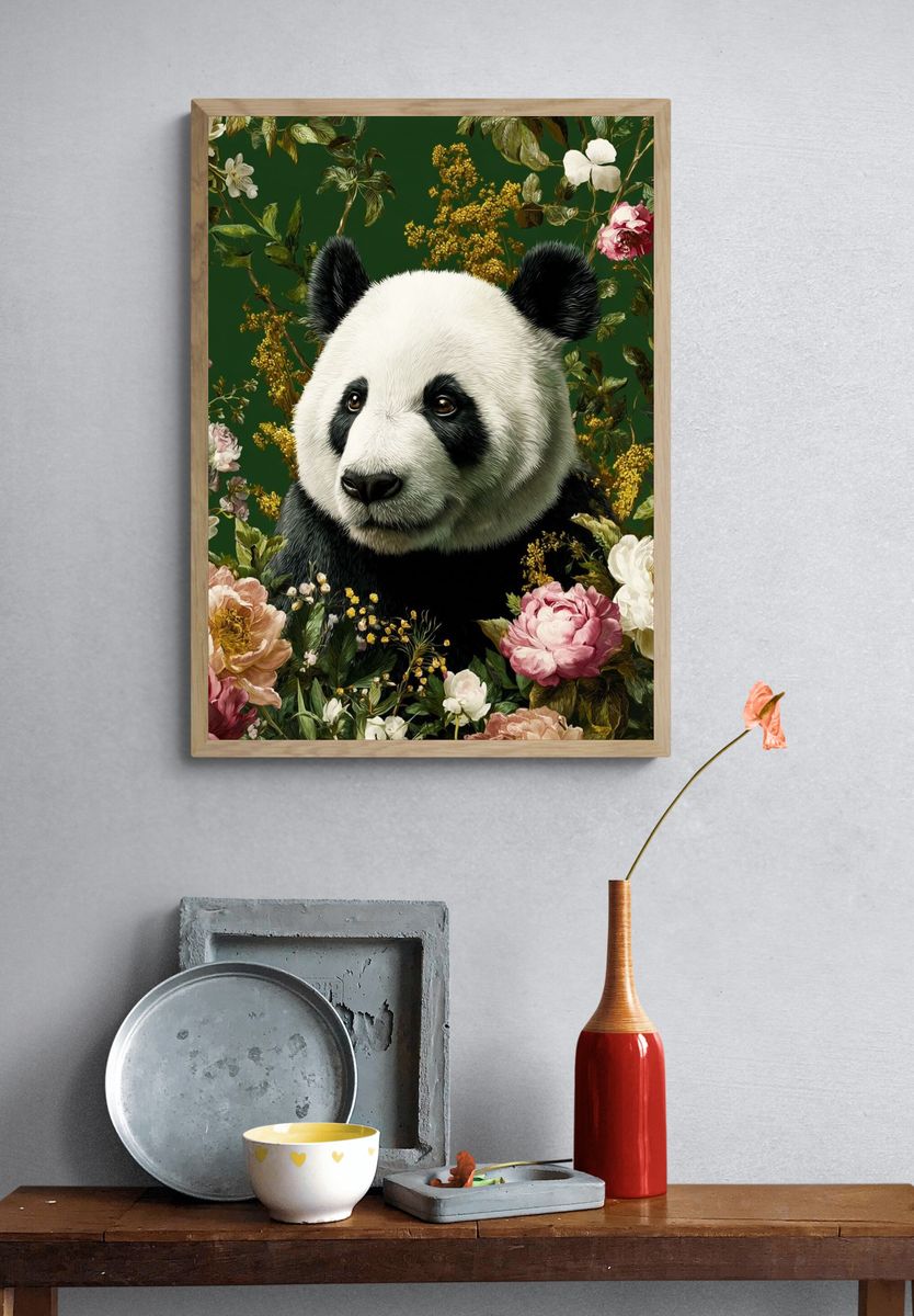 Panda Floral Garden Illustration Poster. — room view 3