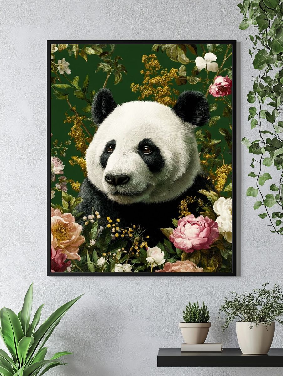 Panda Floral Garden Illustration Poster. — room view 4