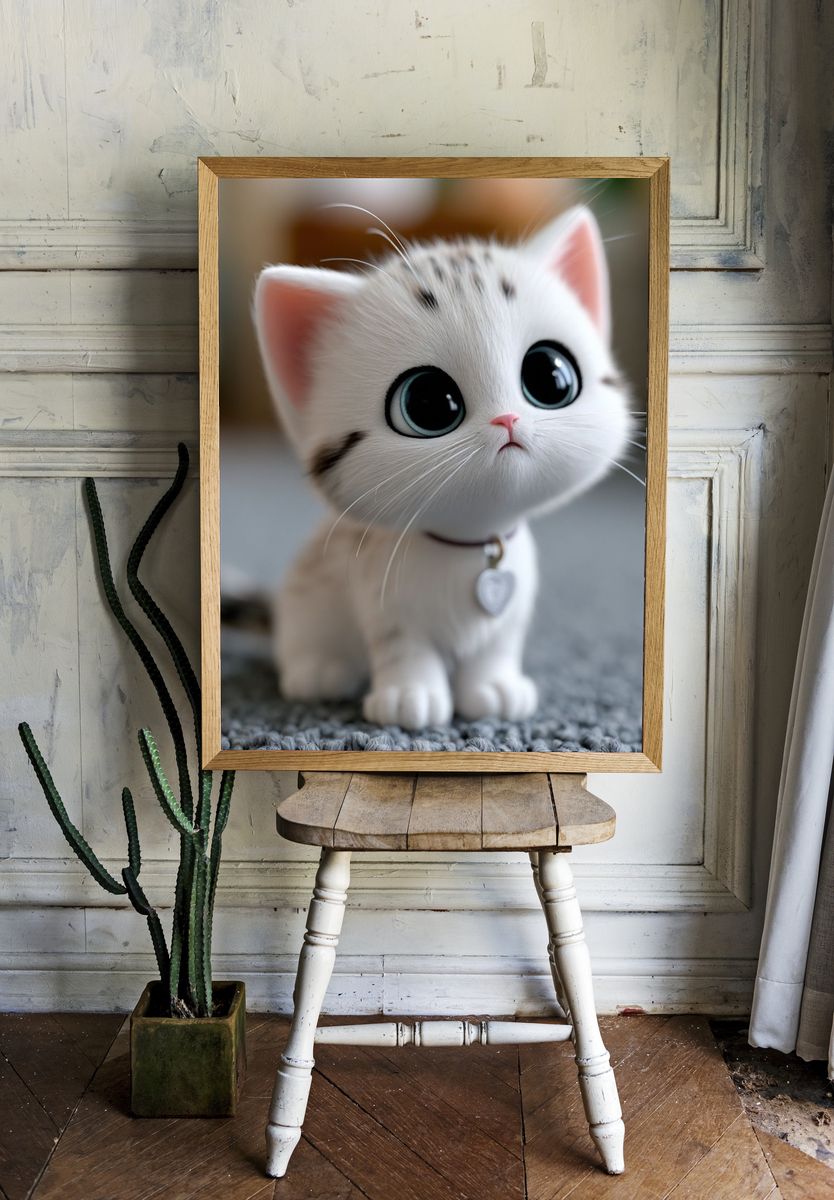 Cute White Kitten Illustration Poster. room preview