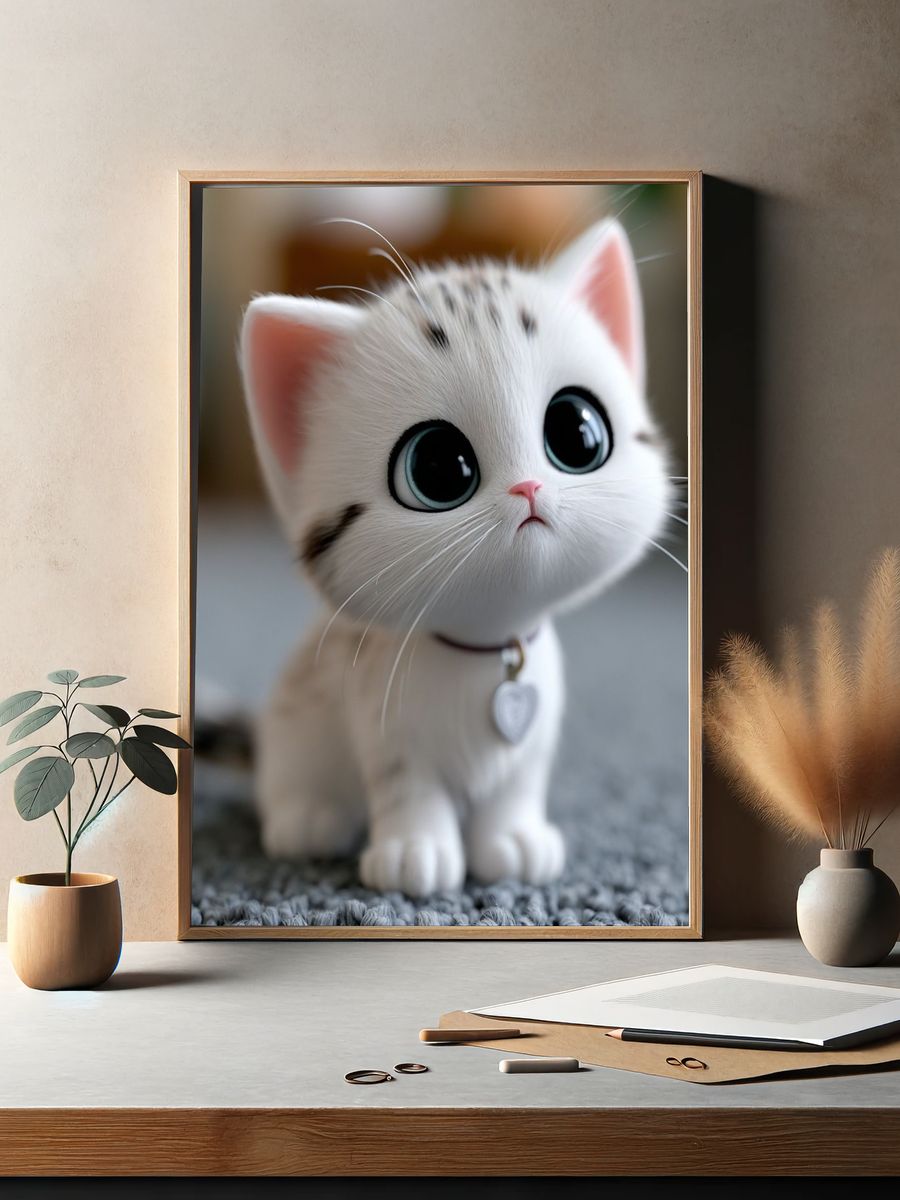 Cute White Kitten Illustration Poster. — room view 2