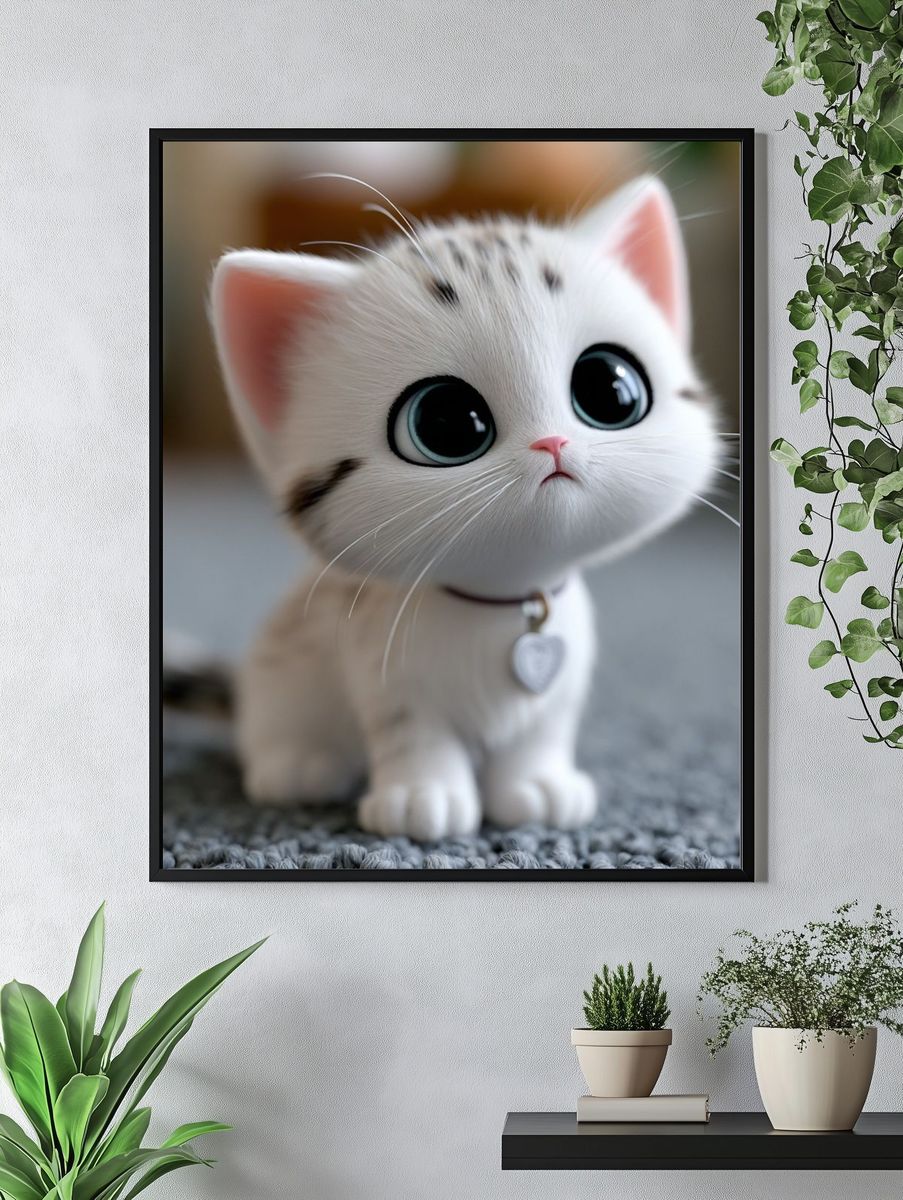 Cute White Kitten Illustration Poster. — room view 4