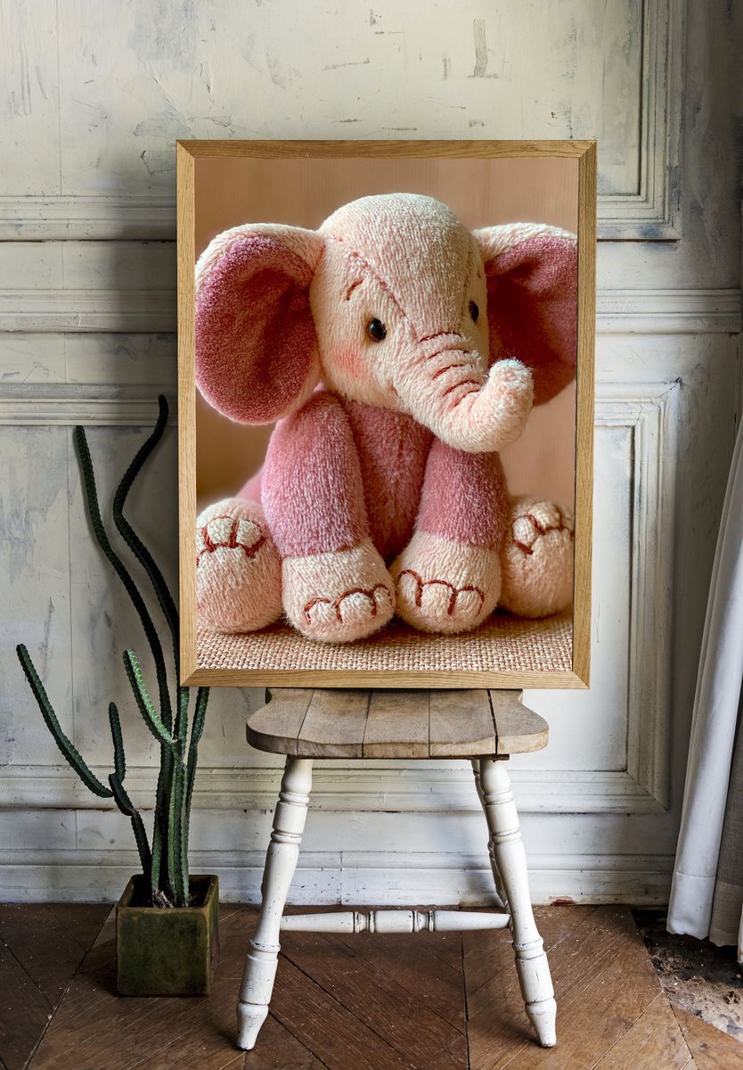 Plush Pink Elephant Portrait Poster. room preview