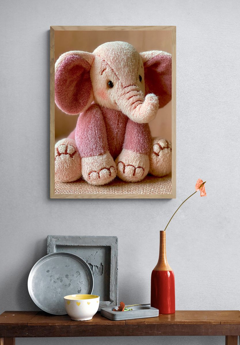 Plush Pink Elephant Portrait Poster. — room view 3