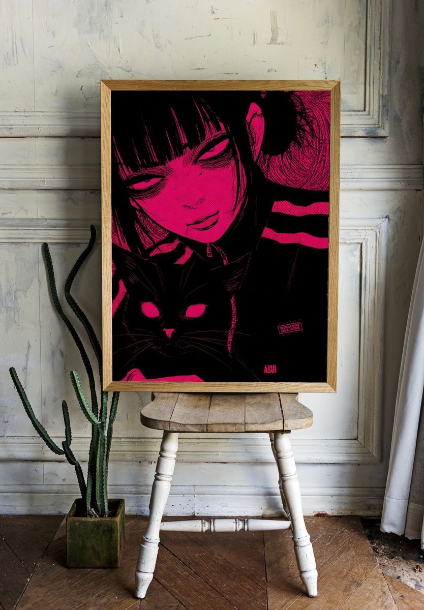 Neon Manga Girl and Cat Poster. room preview