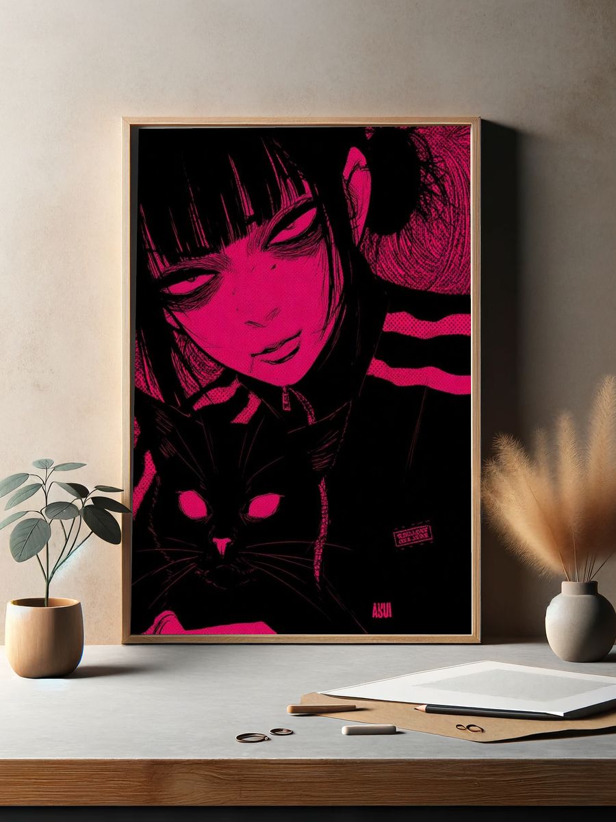 Neon Manga Girl and Cat Poster. — room view 2