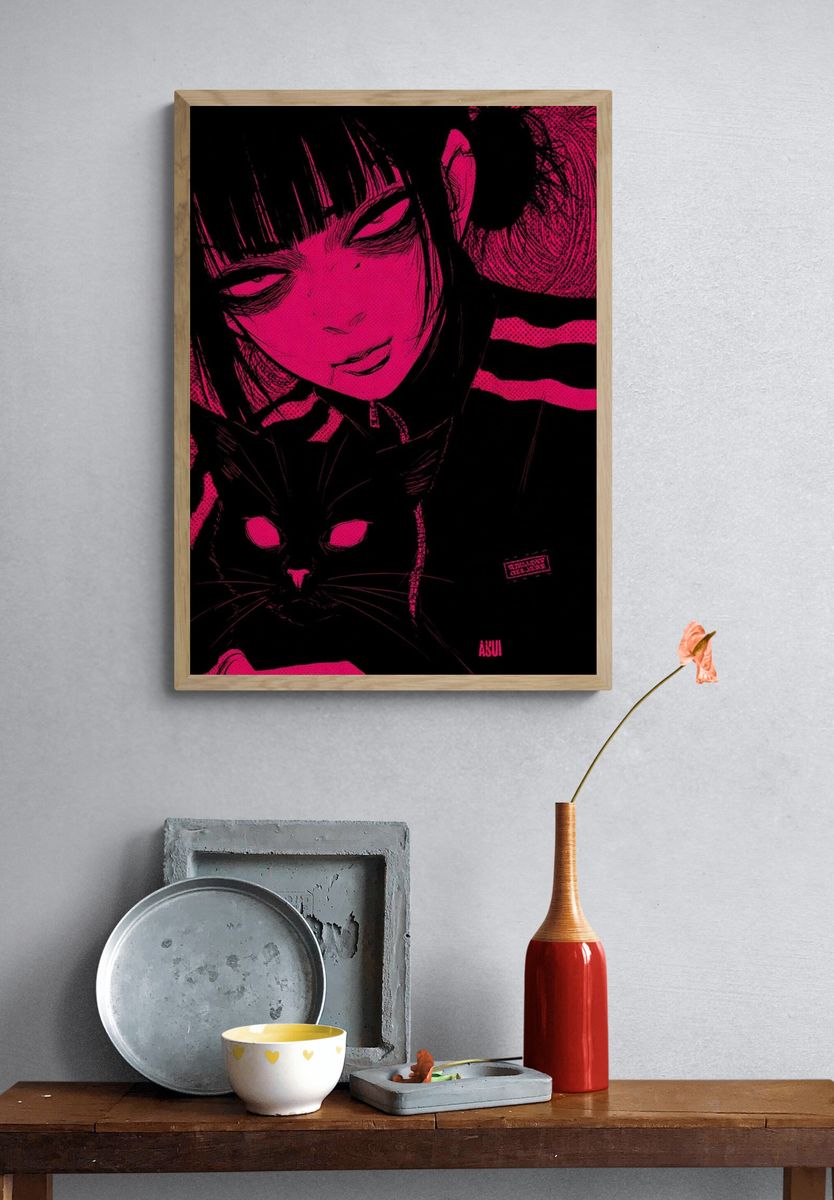 Neon Manga Girl and Cat Poster. — room view 3