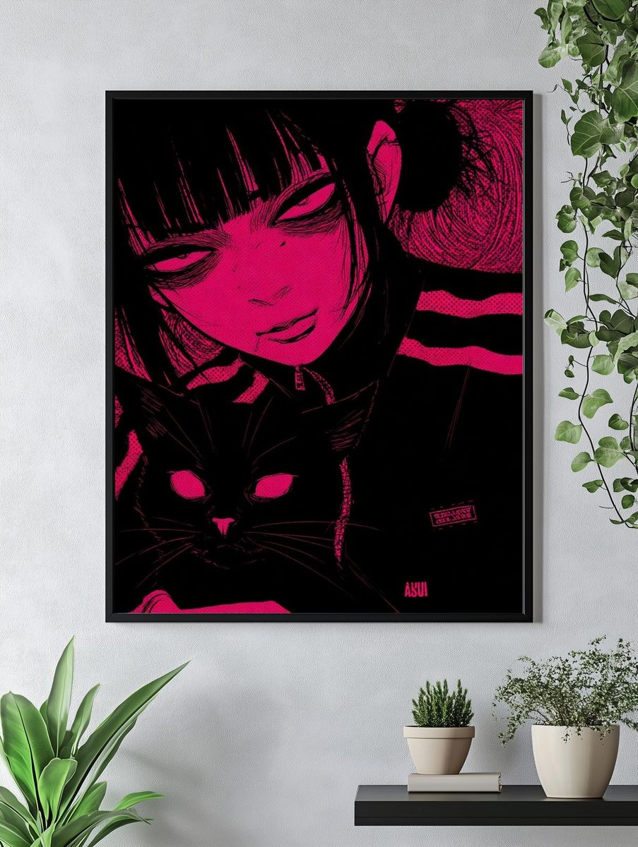 Neon Manga Girl and Cat Poster. — room view 4