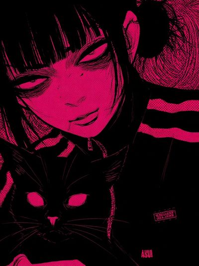 Neon Manga Girl and Cat Poster.