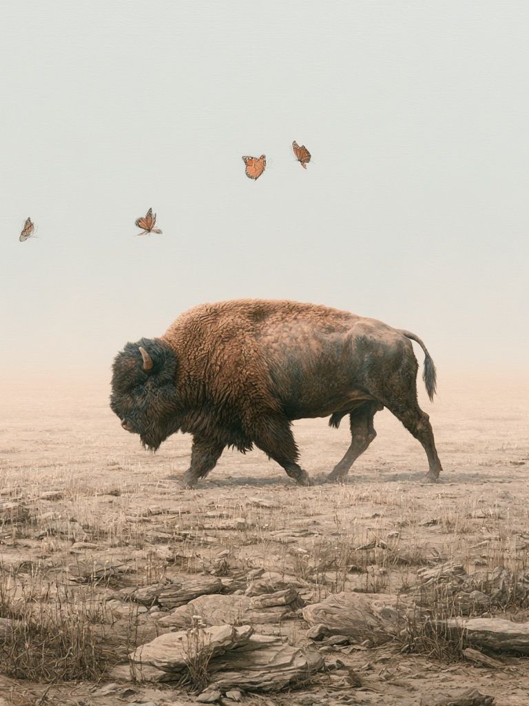 Bison and Butterflies Surrealism Print. poster detail