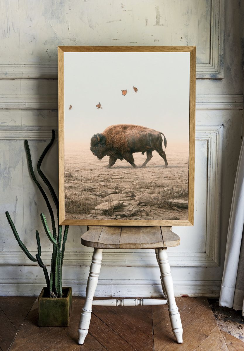 Bison and Butterflies Surrealism Print. room preview