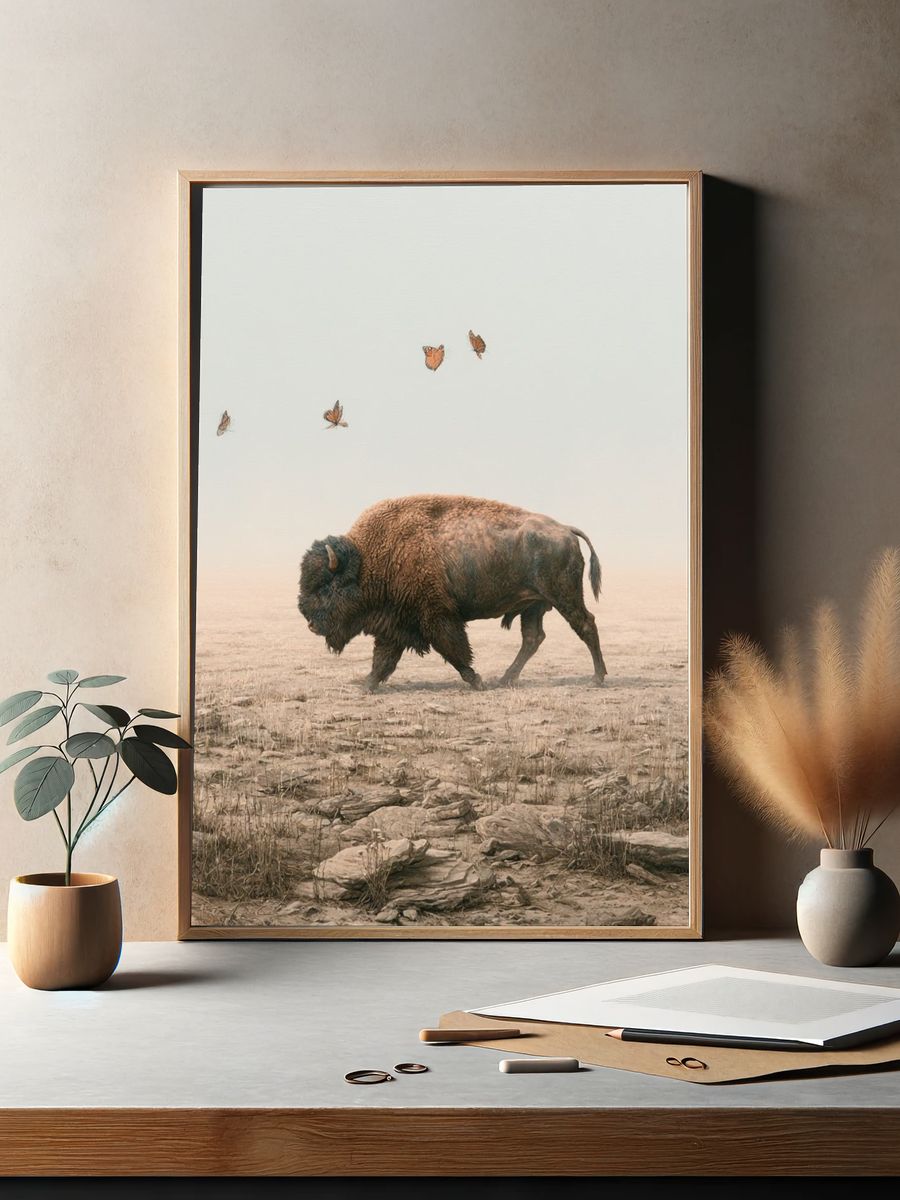 Bison and Butterflies Surrealism Print. — room view 2