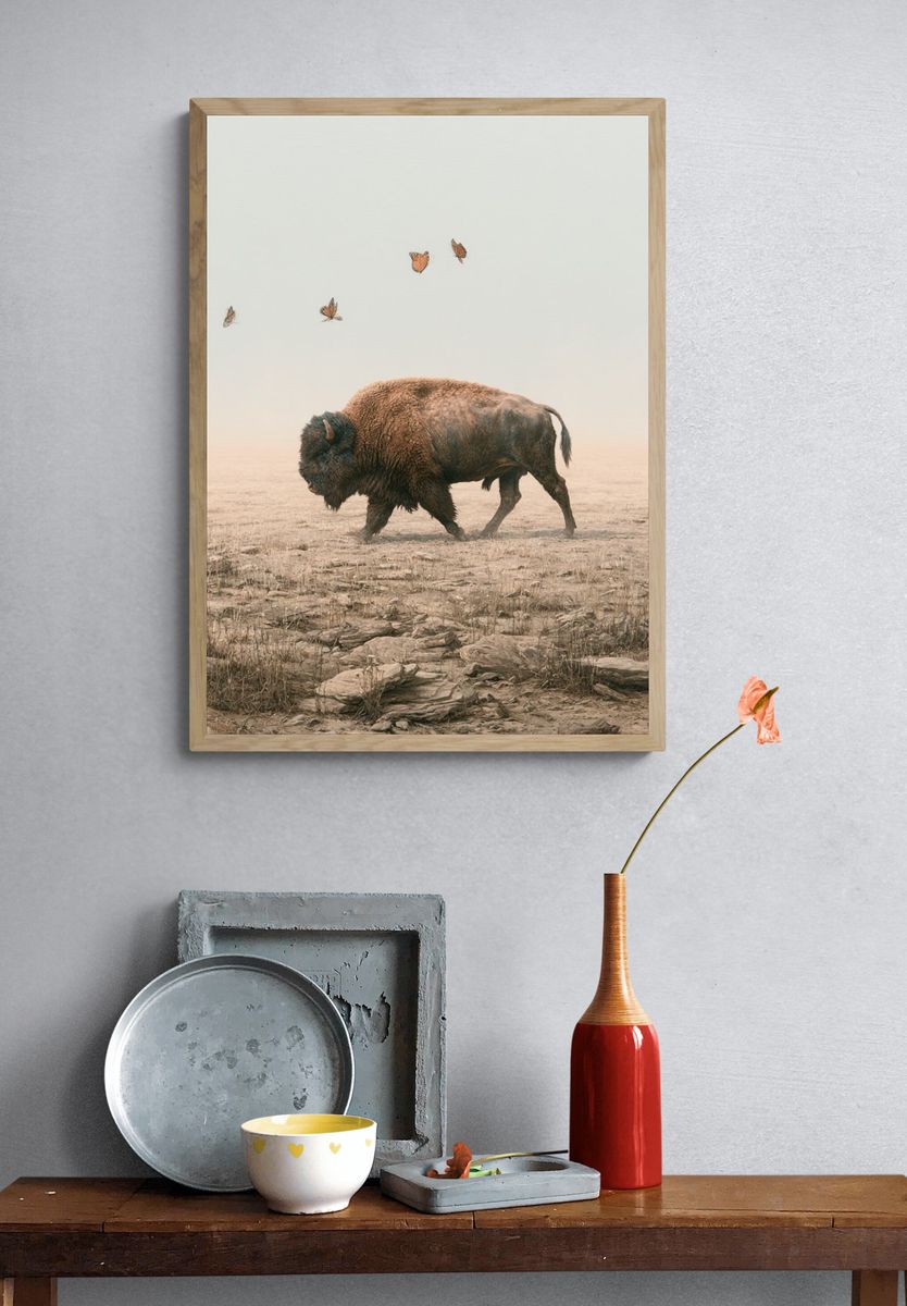 Bison and Butterflies Surrealism Print. — room view 3