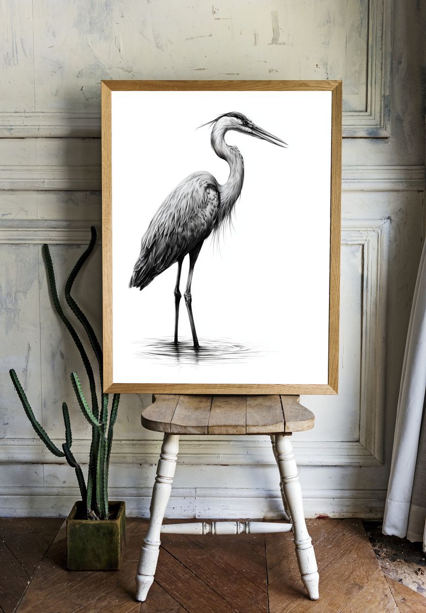 Elegant Heron Ink Poster. room preview