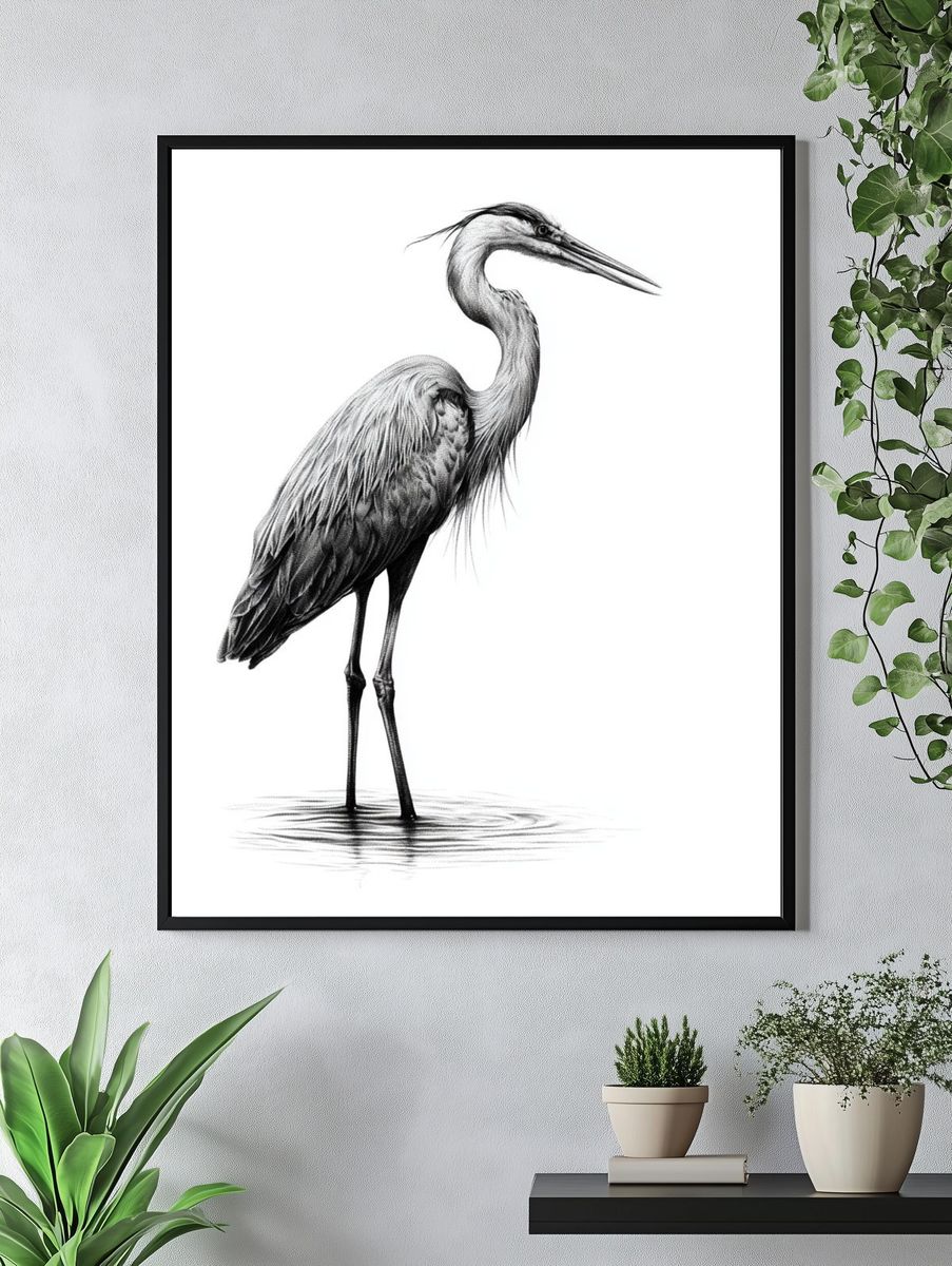 Elegant Heron Ink Poster. — room view 4