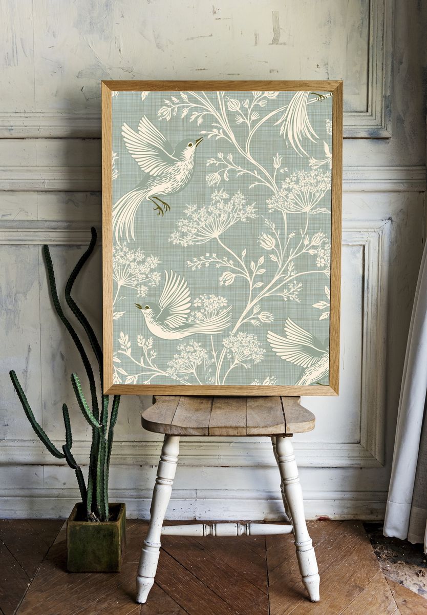 Birds and Wildflowers Botanical Print. — room view 1