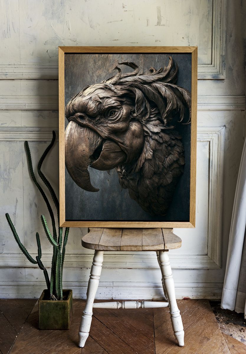 Parrot Sculpture Portrait Print. room preview