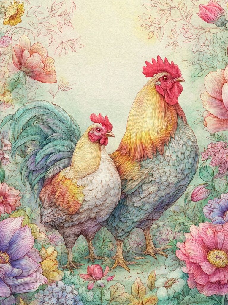 Floral Roosters Watercolor Print. poster detail