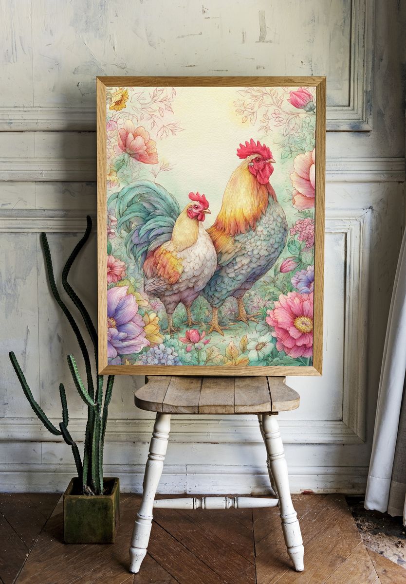 Floral Roosters Watercolor Print. — room view 1