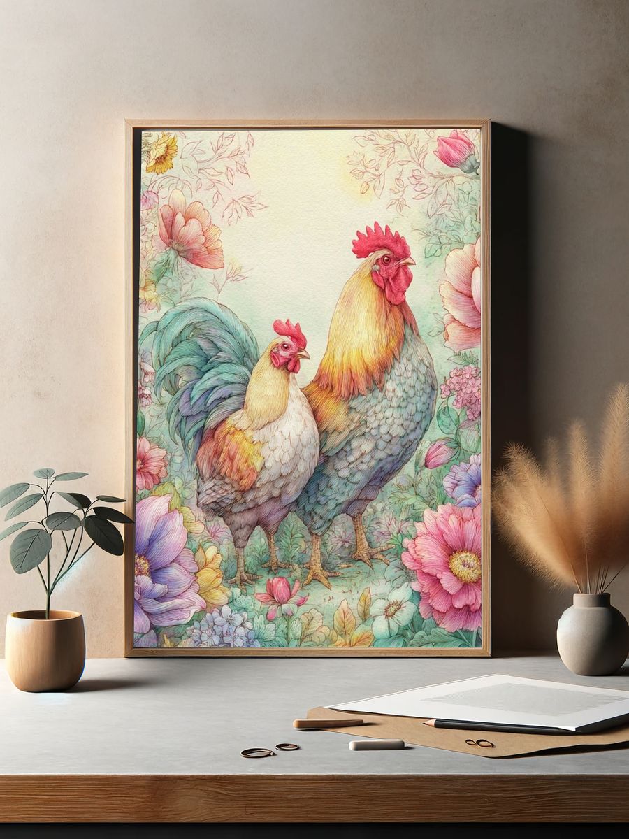 Floral Roosters Watercolor Print. — room view 2