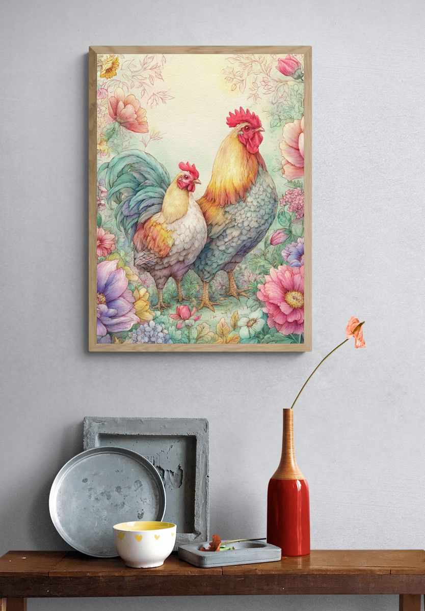 Floral Roosters Watercolor Print. — room view 3