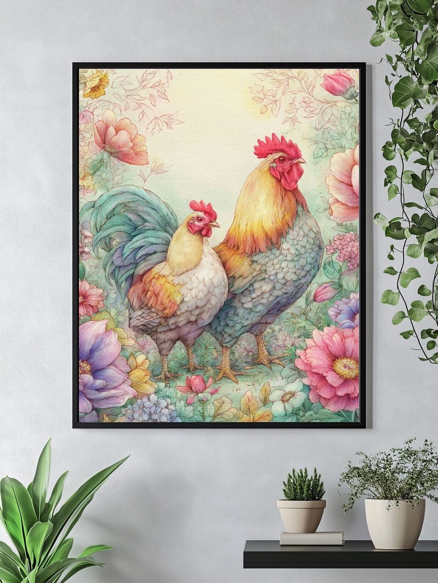 Floral Roosters Watercolor Print. — room view 4