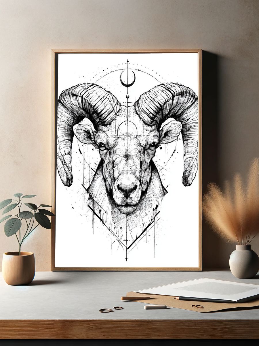 Ram Head Ink Illustration Poster. — room view 2