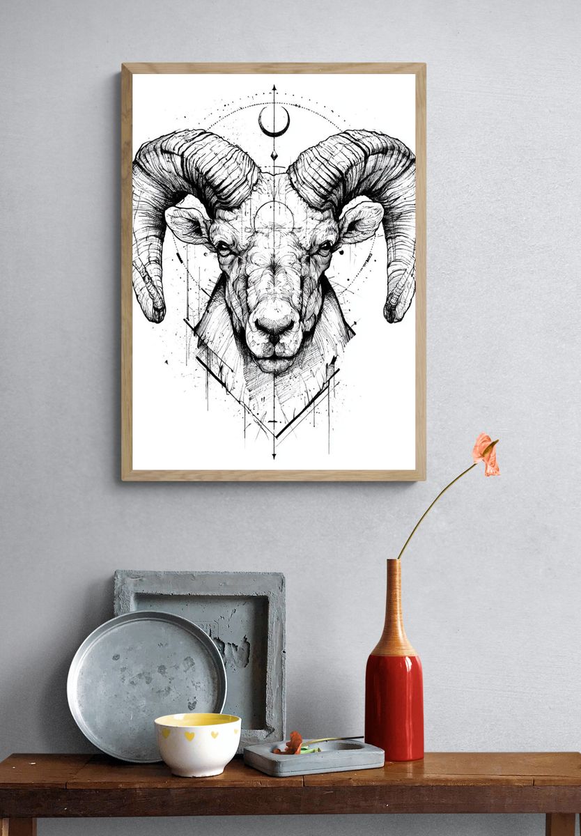 Ram Head Ink Illustration Poster. — room view 3