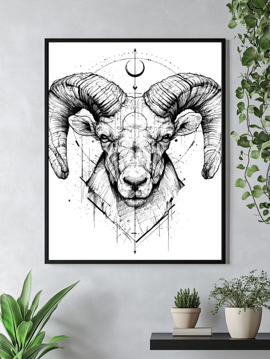 Ram Head Ink Illustration Poster. — room view 4