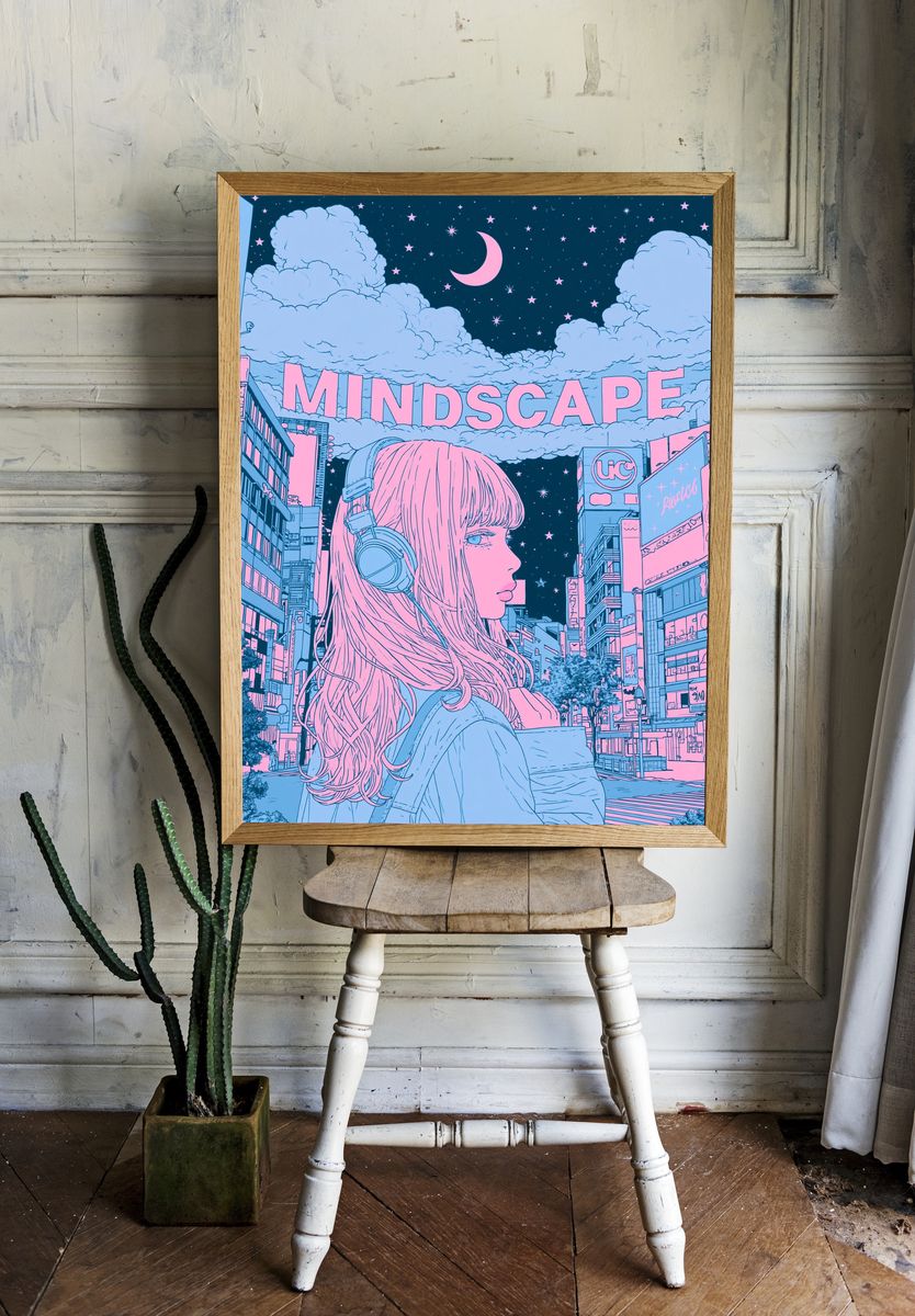 Dreamy Cityscape Anime Print. room preview