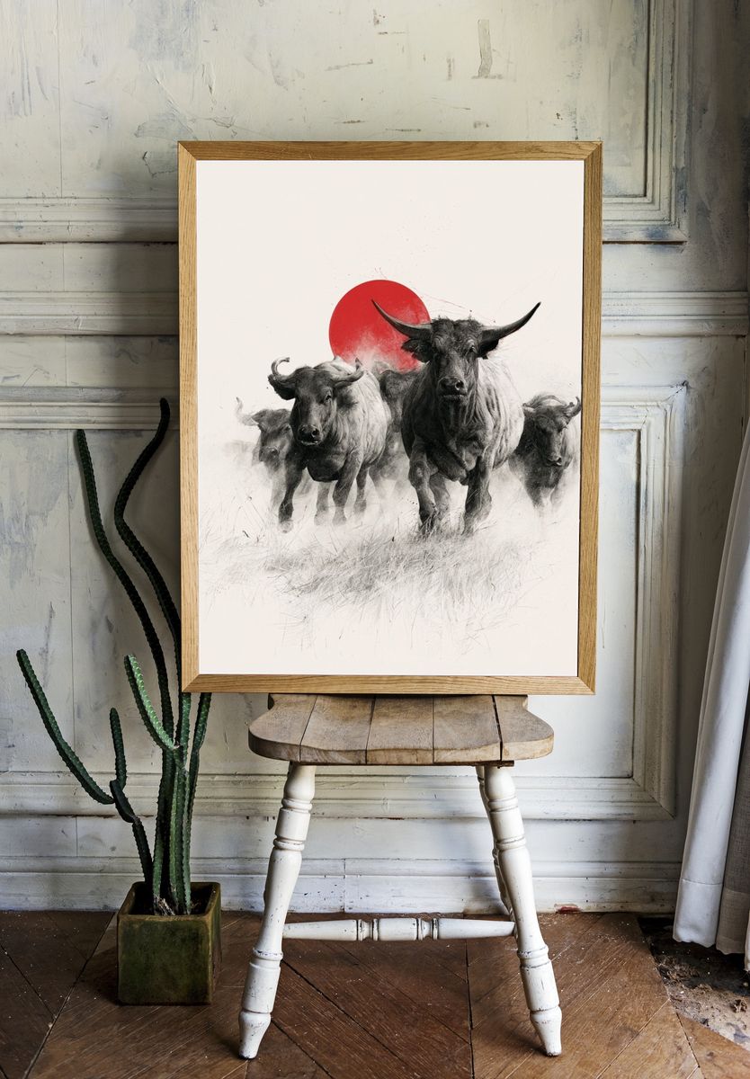 Charging Bulls Ink Poster. room preview