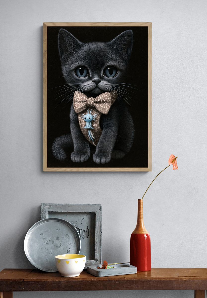Black Kitten Portrait Illustration Poster. — room view 3