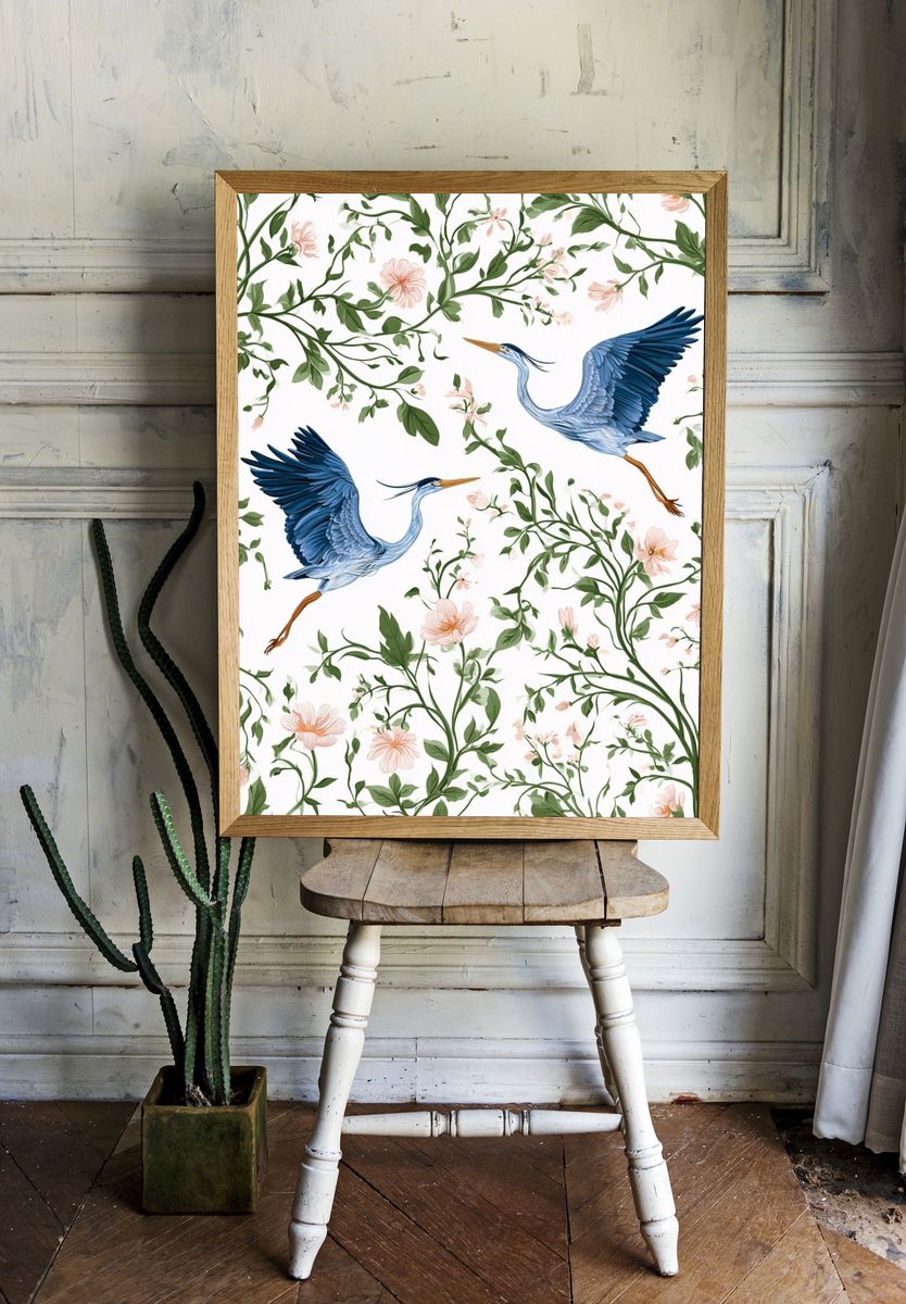 Blue Herons Floral Pattern Print. — room view 1