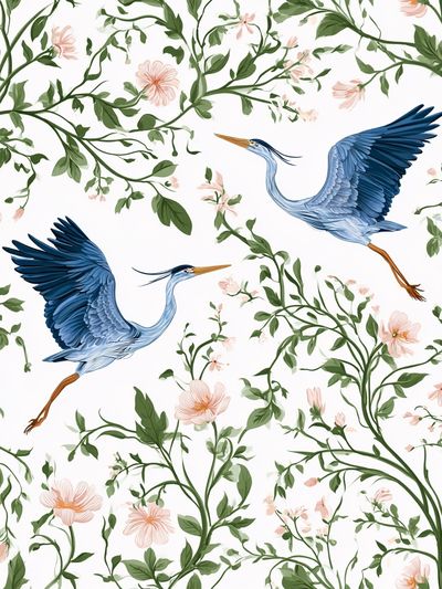 Blue Herons Floral Pattern Print.