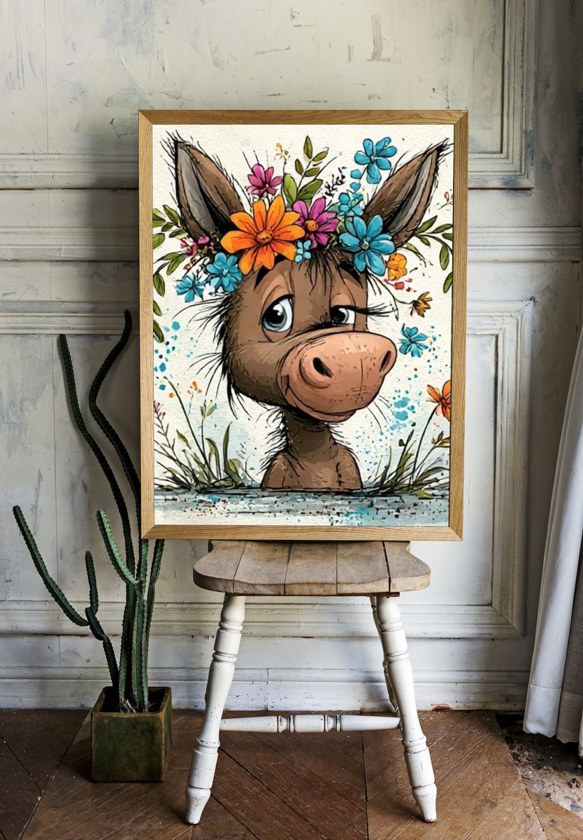 Floral Donkey Watercolor Poster. room preview