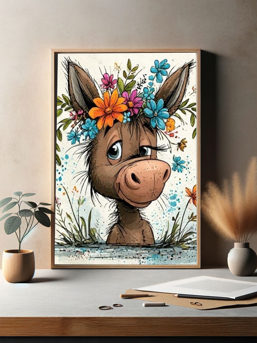 Floral Donkey Watercolor Poster. — room view 2
