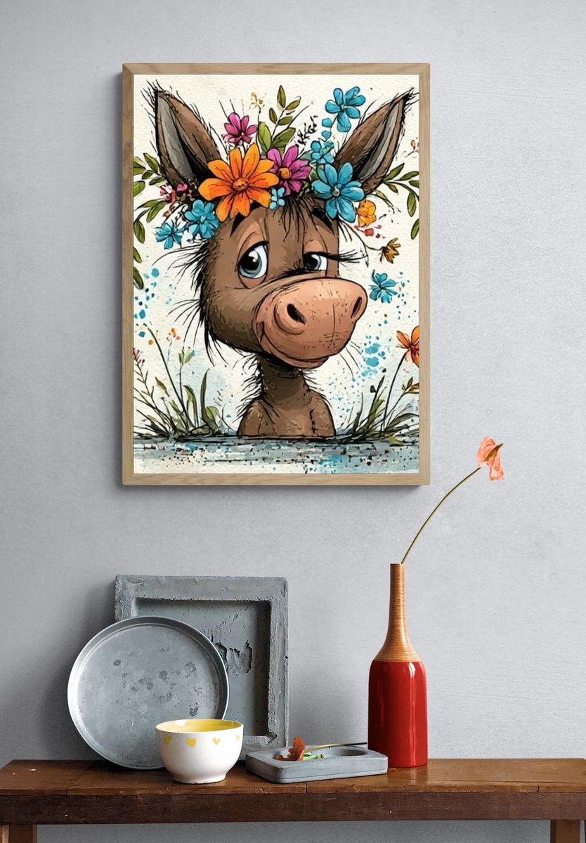 Floral Donkey Watercolor Poster. — room view 3