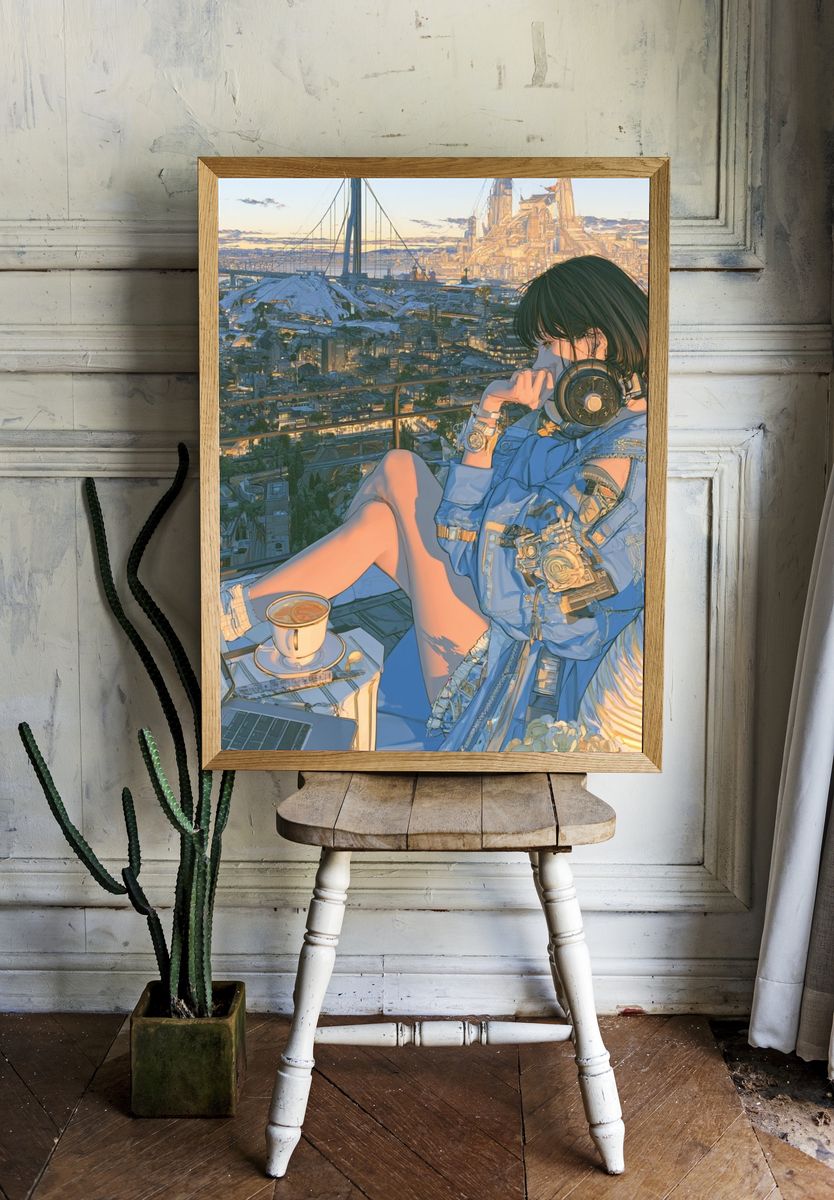 Anime Cityscape Balcony Print. room preview