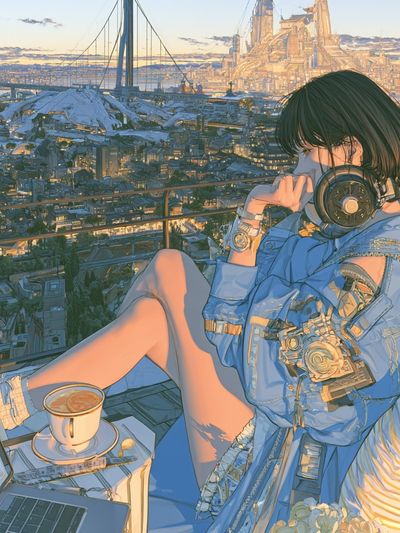 Anime Cityscape Balcony Print. poster