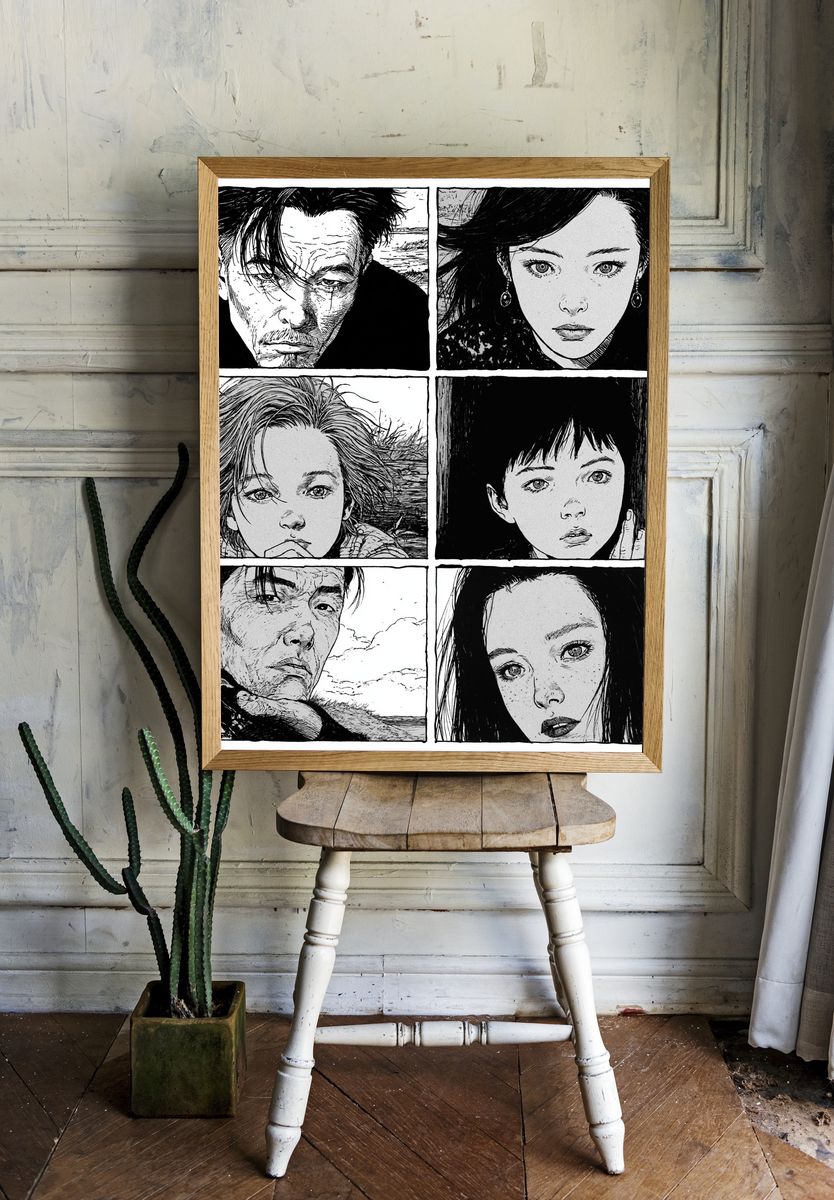 Manga Portrait Grid Black-White Print. room preview