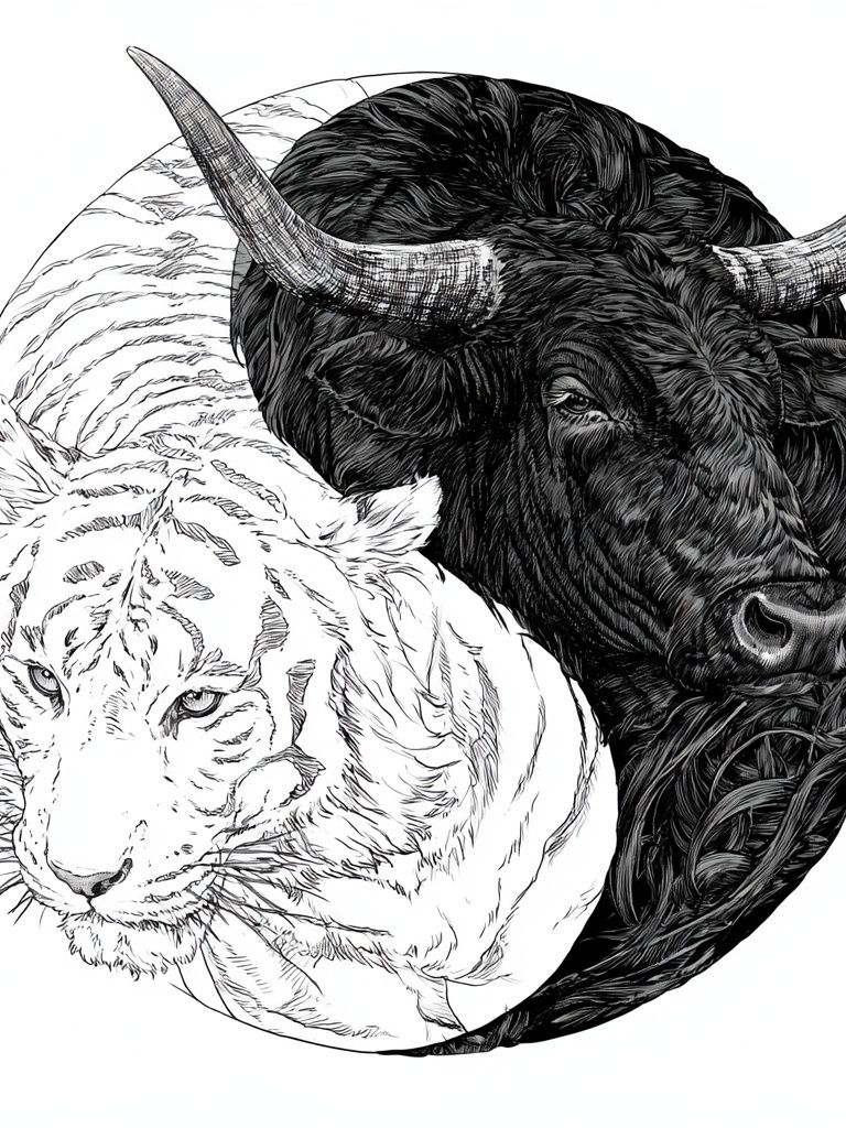 Yin Yang Tiger and Bull Illustration Poster. poster detail