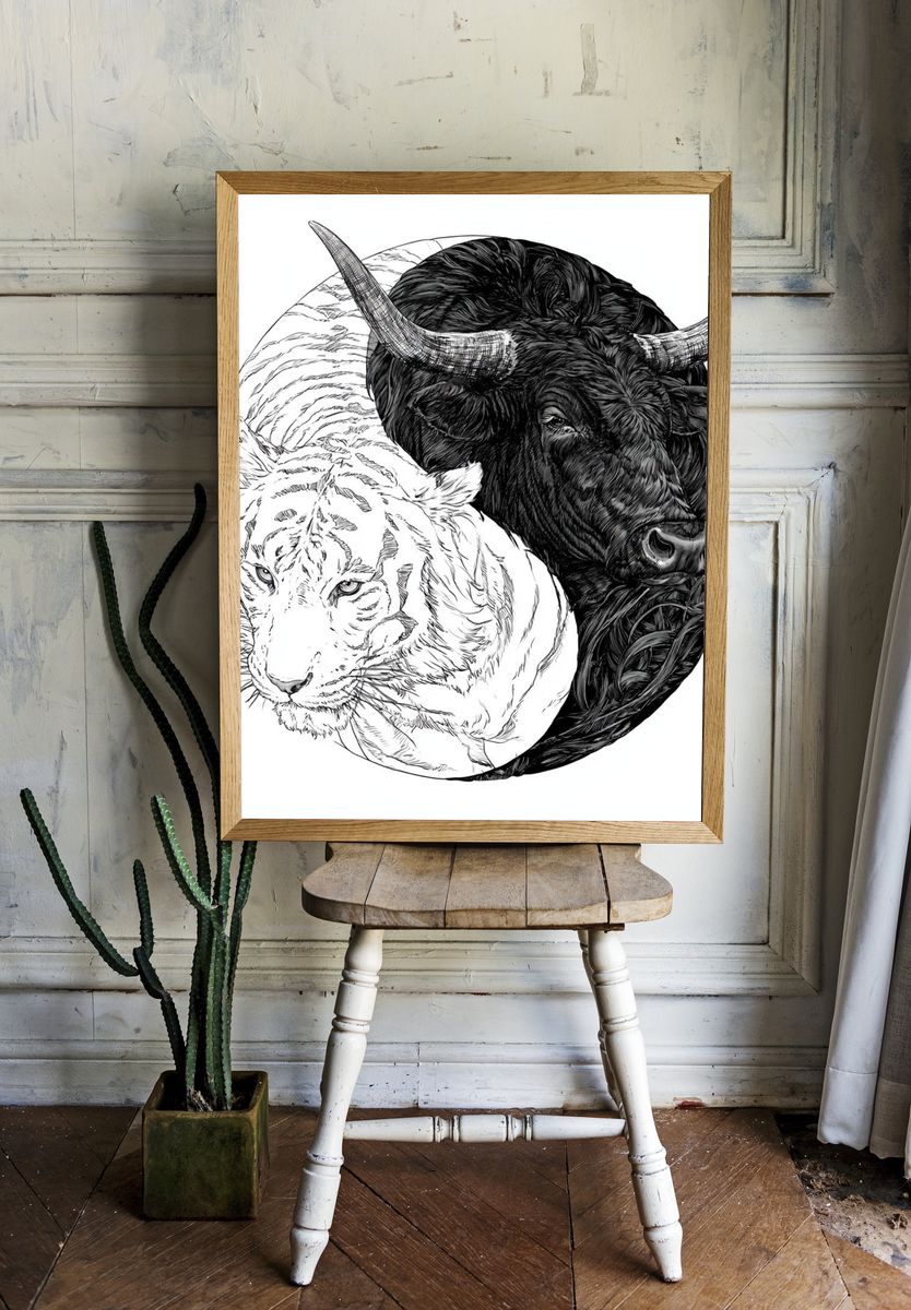 Yin Yang Tiger and Bull Illustration Poster. room preview