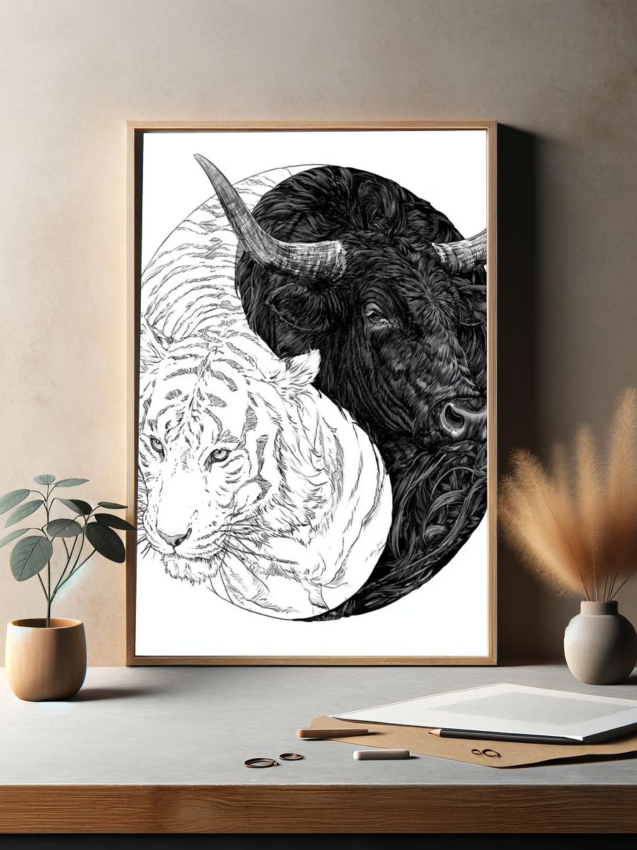 Yin Yang Tiger and Bull Illustration Poster. — room view 2