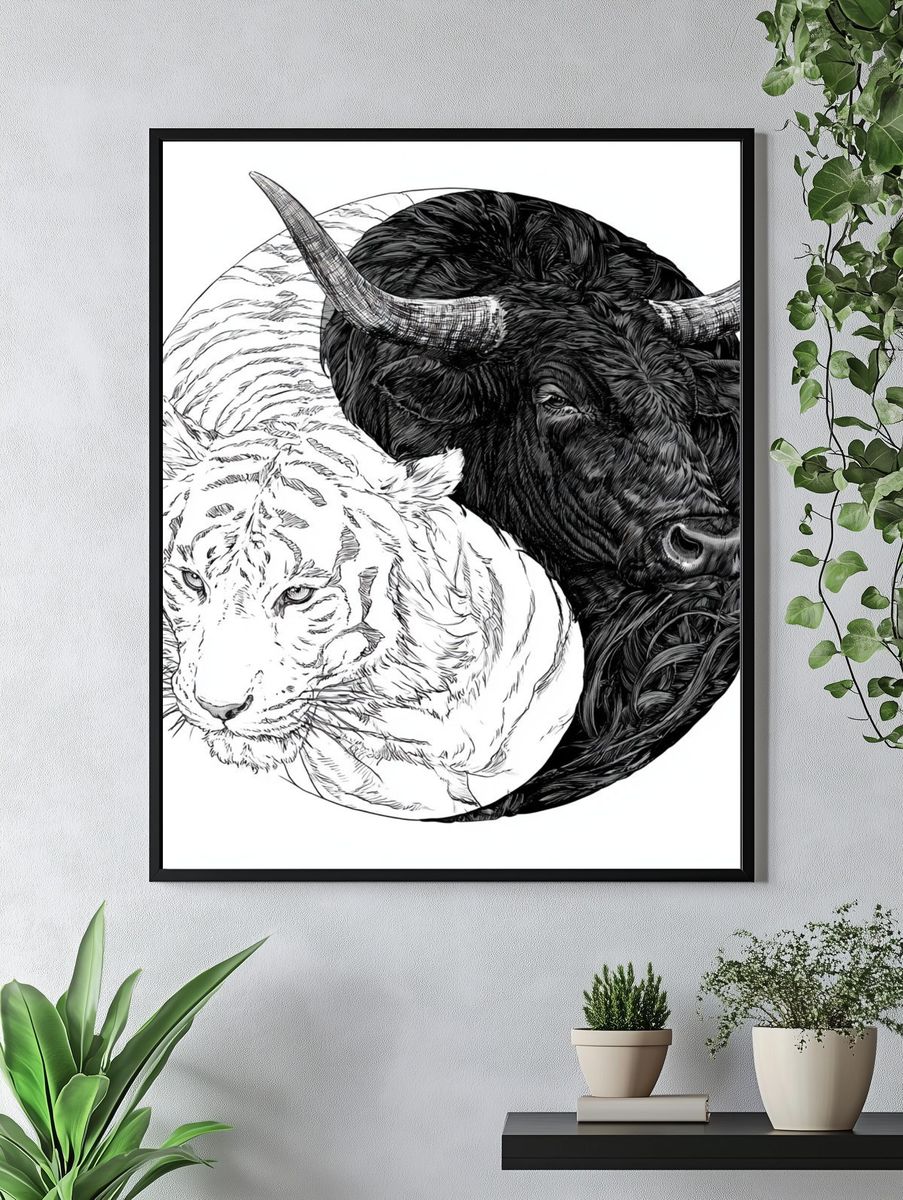 Yin Yang Tiger and Bull Illustration Poster. — room view 4